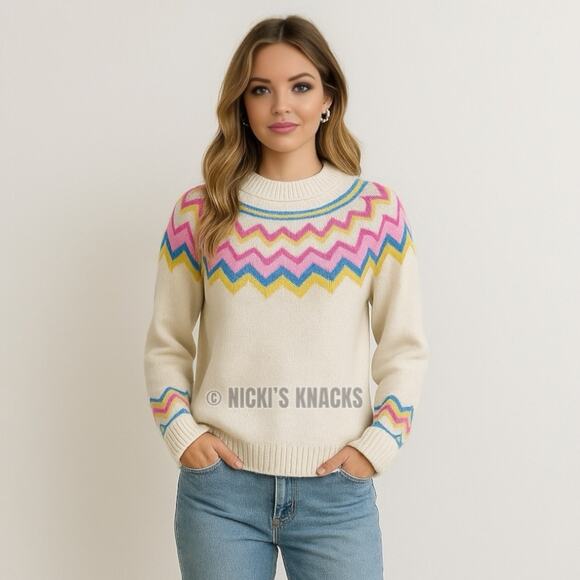 Vince Camuto Sweaters - Vince Camuto Fair Isle Mock Neck Sweater Cream Multicolor Knit Pullover Size XS
